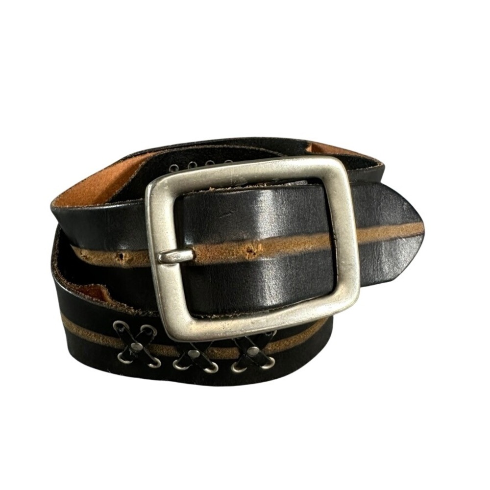 Handcrafted in America Black Full Grain Leather Belt Brown Stripe Size Small